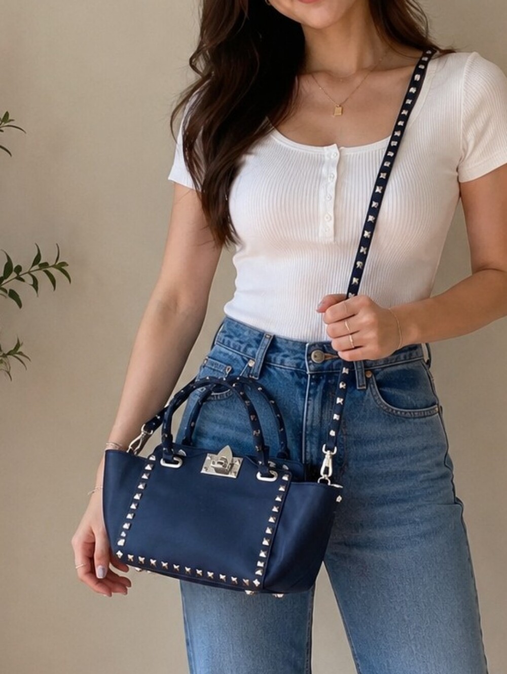Beautiful Rock Star BLCK Studded Studs Satchel Tote Shoulder Bag Handbag + Strap